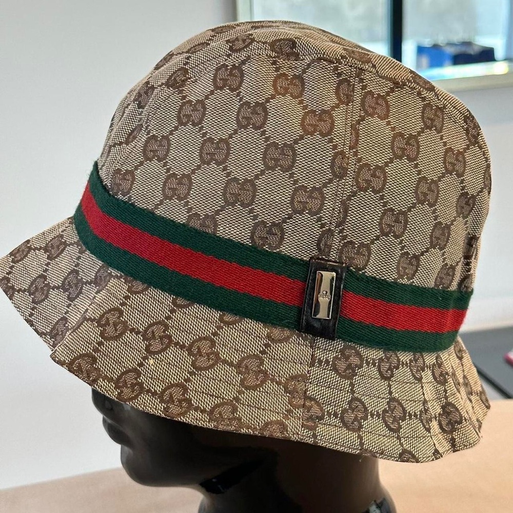 Gucci Beige and Brown Monogram Bucket Hat with Green and Red Stripe